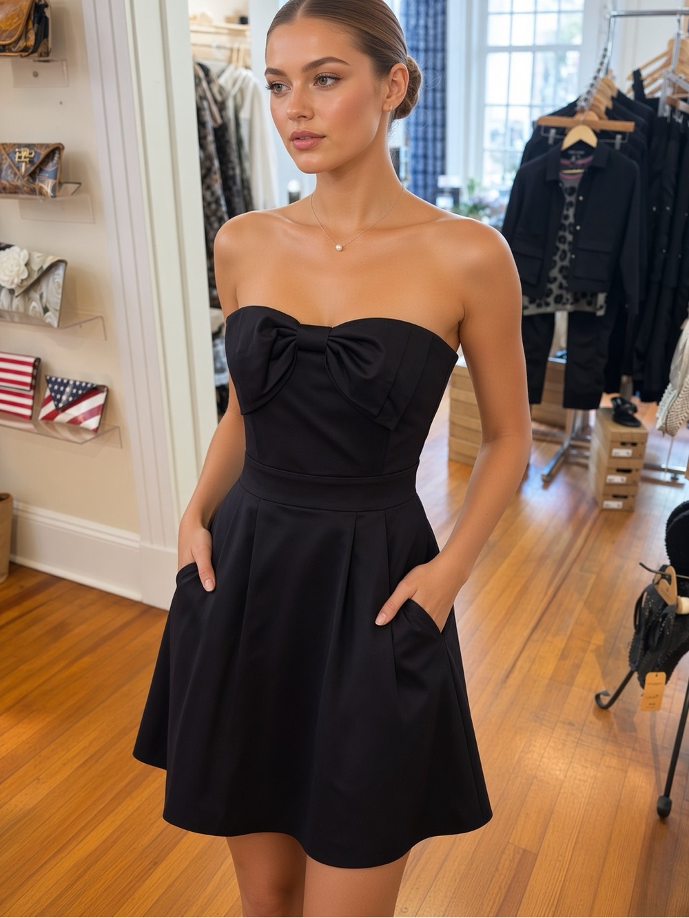 Gretchen Scott Designs Strapless Black Bow Fit-and-Flare Dress